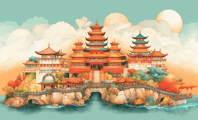 小清新水彩风格古风楼阁插画,插画/手绘图,插画/手绘图库,插画/手绘图下载,插画/手绘